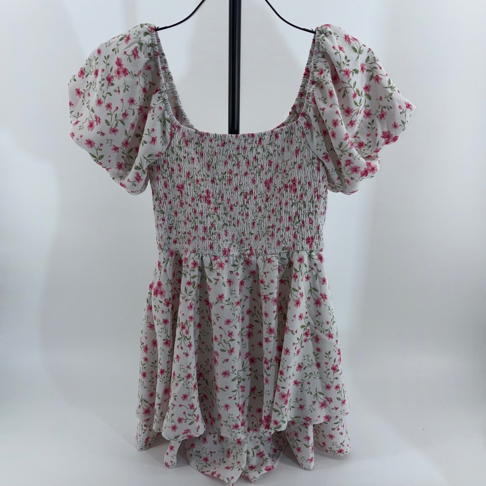 Arden B Floral Smocked Mini Dress Romper Pink White Puff Sleeve Ruffle Hem